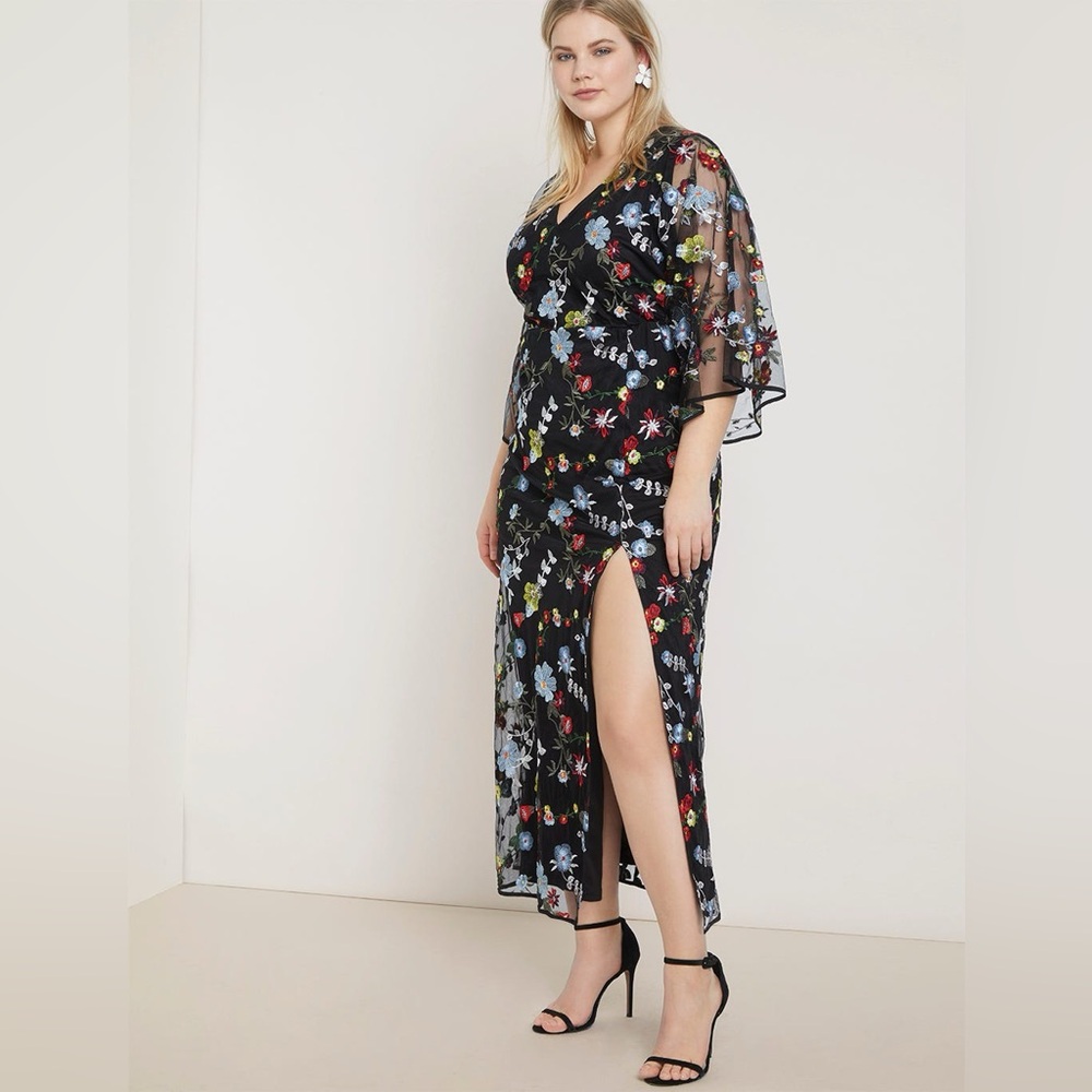 Eloqui Black Floral Embroidered Kimono Dress, Size 18